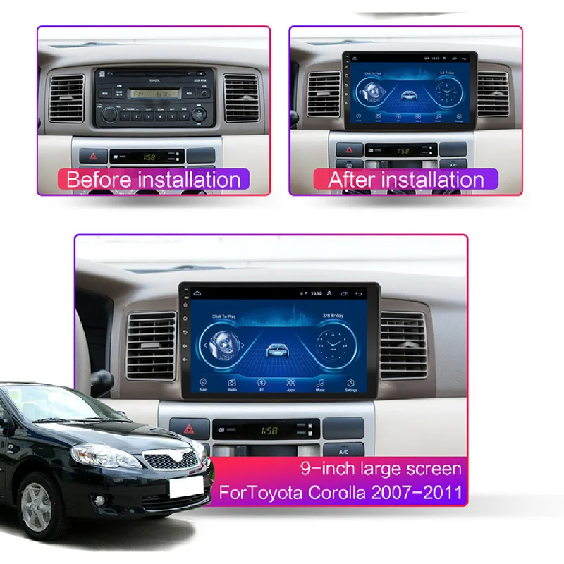 9 Inch Android Car Navigation for Toyota Corolla 2004‑2012, Multimedia Integrated Device, Touch Screen, GPS ,Plug and Play