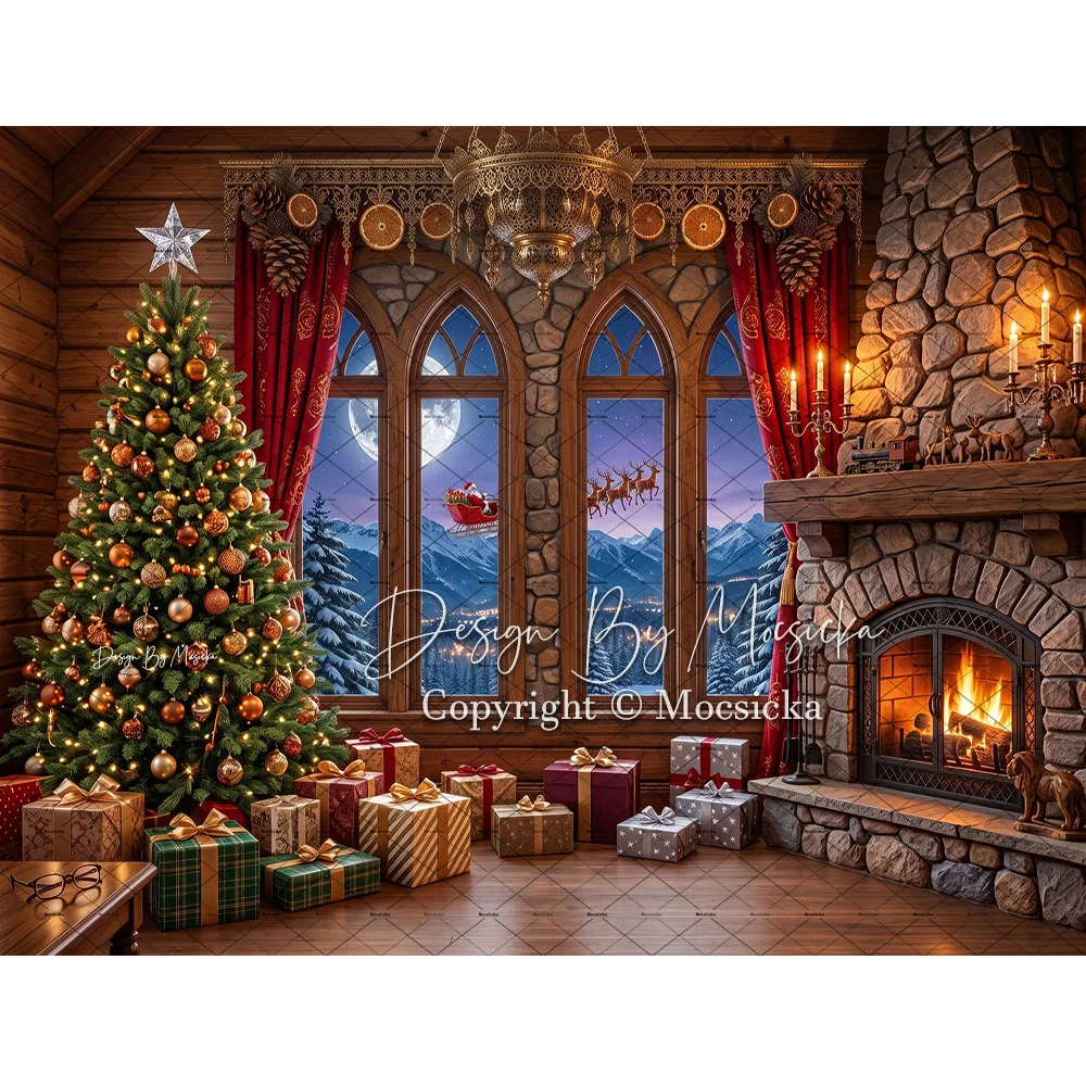 Mocsicka Christmas Wooden Cabin Backdrop Photography Stone Fireplace Moon Window Santa Reindeer Scene Background Newborn Photo