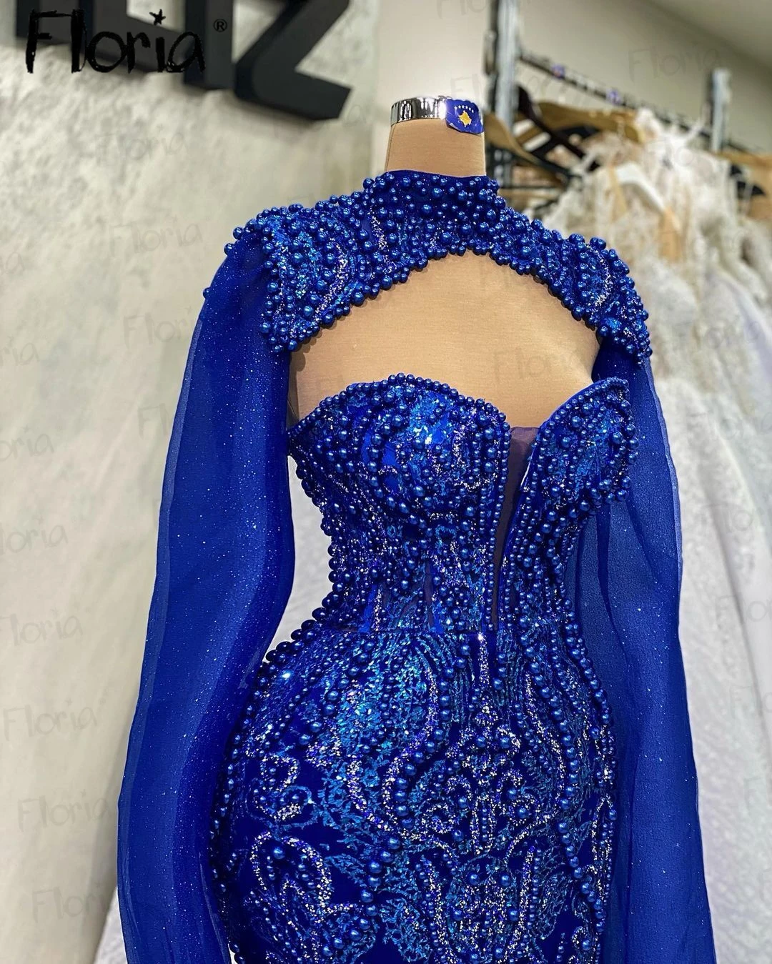 Pearls Lace Appliqued Blue Evening Dress 2 Pieces Cape Sleeve Dubai Women Wedding Party Night Gowns Long Robes De Soirée Custom