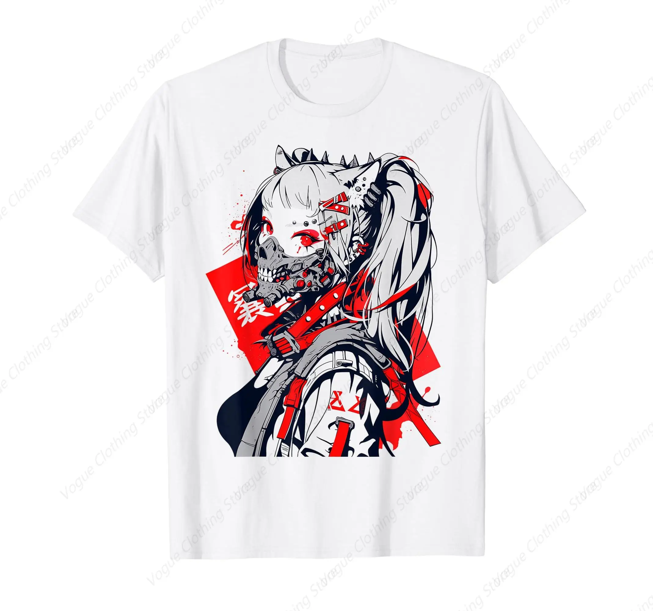 Anime Manga Kitsune Cyberpunk Aesthetic Techwear Harajuku T-Shirt Short Sleeves Cotton Prevailing Soft Tee Round Neck Leisure