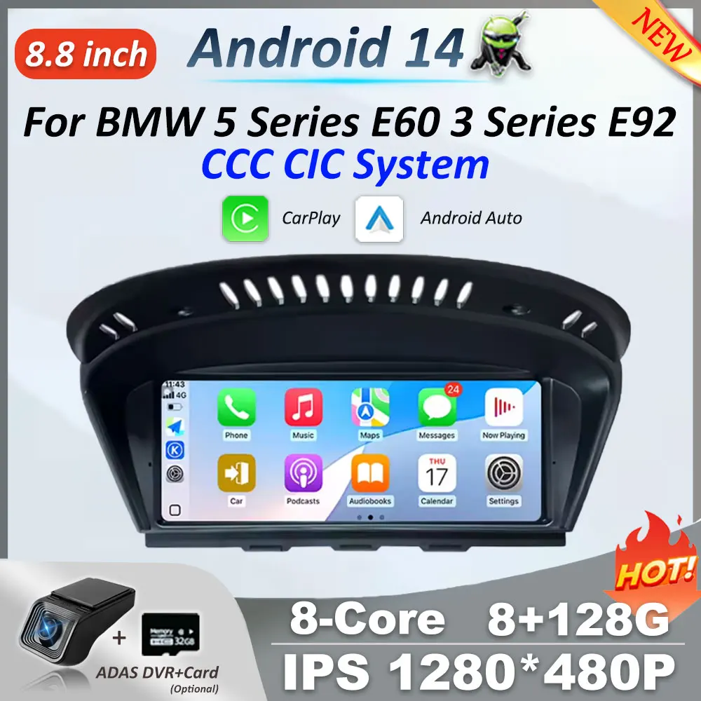 Беспроводная автомобильная мультимедийная радиосистема CarPlay Android 14, для BMW 5 3 серии E60 E61 E62 E63 E90 E91 E92 E93 CCC CIC GPS WIFI Проводной авто