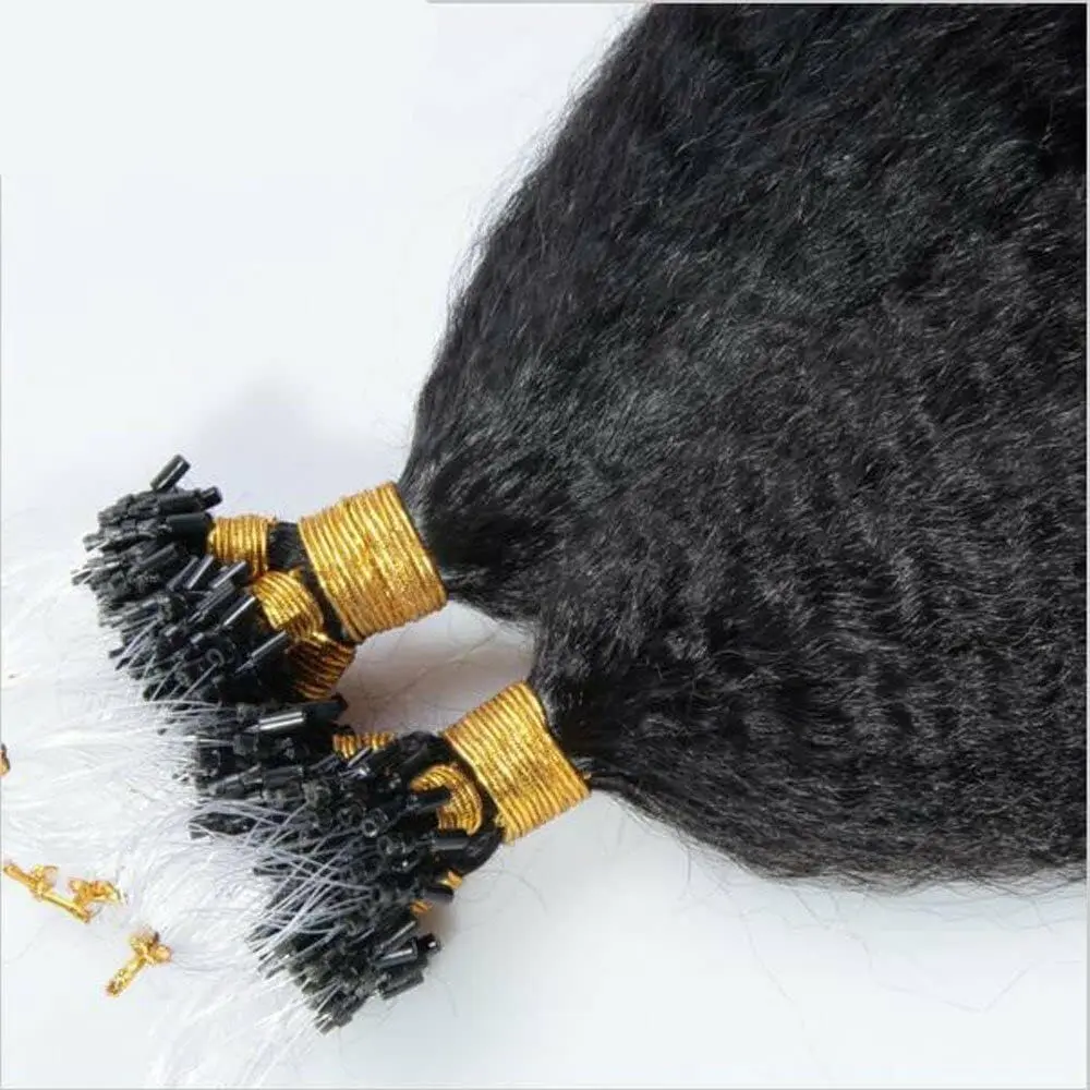 وصلات شعر بشري منغولي مع حبات صغيرة ، ميكرولينك ، حلقة صغيرة ، خشنة ، أحادية اللون ، كينكي ، مستقيم ، ياكي إيطالي ، جي ،