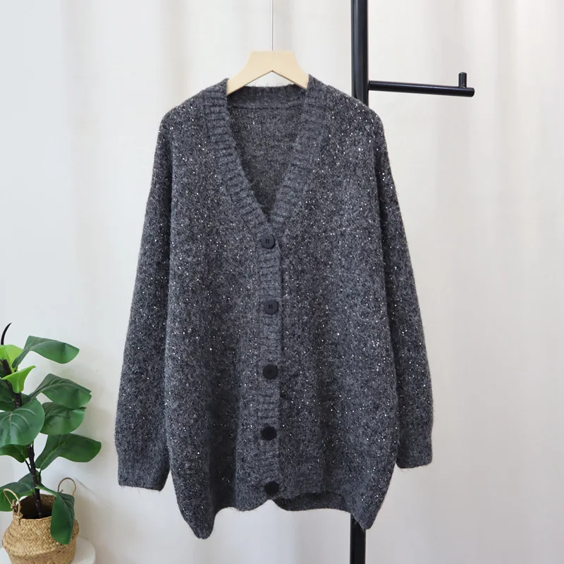 

SuperAen 2026 Autumn and Winter New Korean-style Loose Sequined Knitted Cardigan Mid-length Sweater Jacket Casual Women Coats