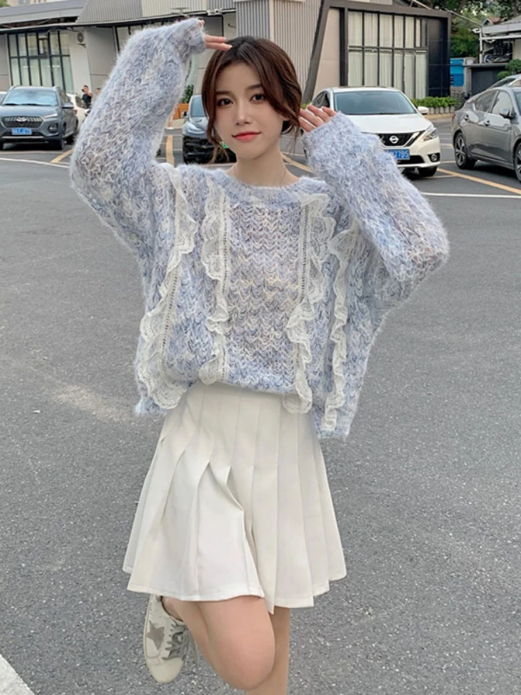 Spring Fall Goth Lolita Sweater Women Sweet Lace Patchwork Knitted Top Korean Fashion Kawaii Knitwear Sweaters Girly Y2k Clothes