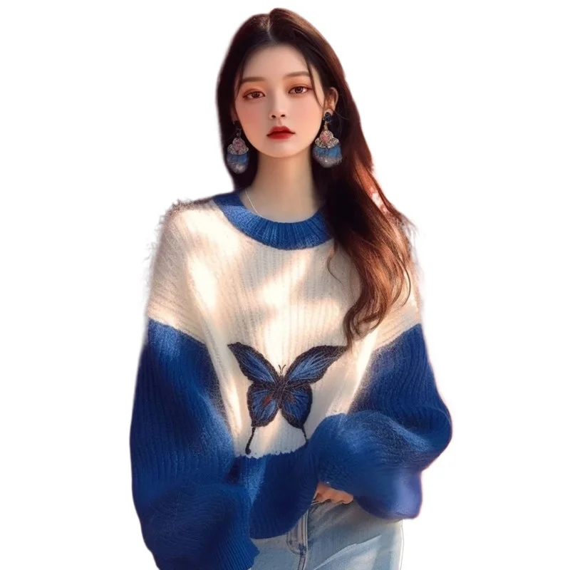 

Lazy Wind Contrasting Colors Klein Blue Soft Waxy Sweater Women's Autumn and Winter New Loose Korean Version Butterfly Print Top