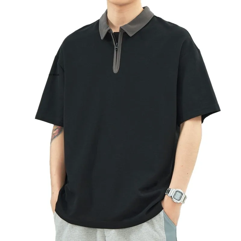 Summer Japanese Color-Block Half Zip Short Sleeve Shirt Men's Loose Plus Size Casual Polo Top