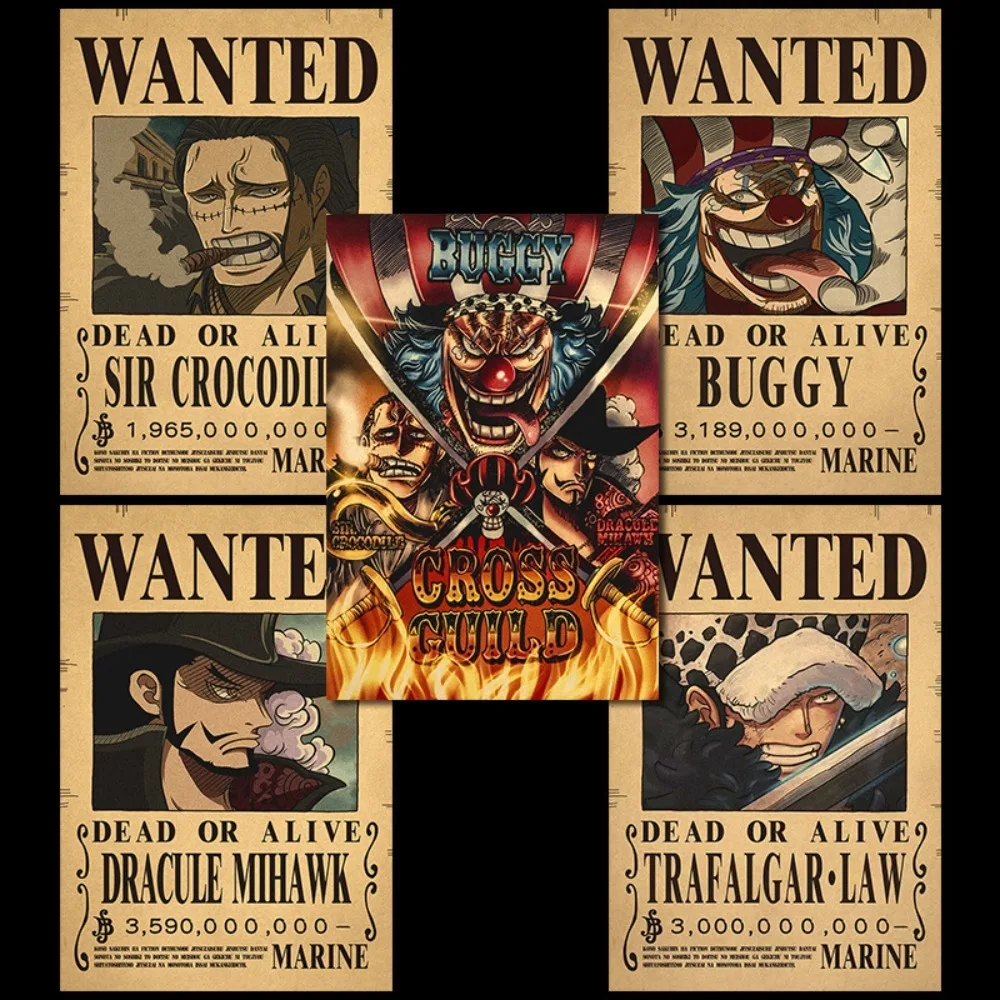 Anime One Piece Bounty Wanted Posters Luffy 5th Gear Nika Form Roronoa Zoro Katakuri Retro Kraft Paper Room Decorative Paintings