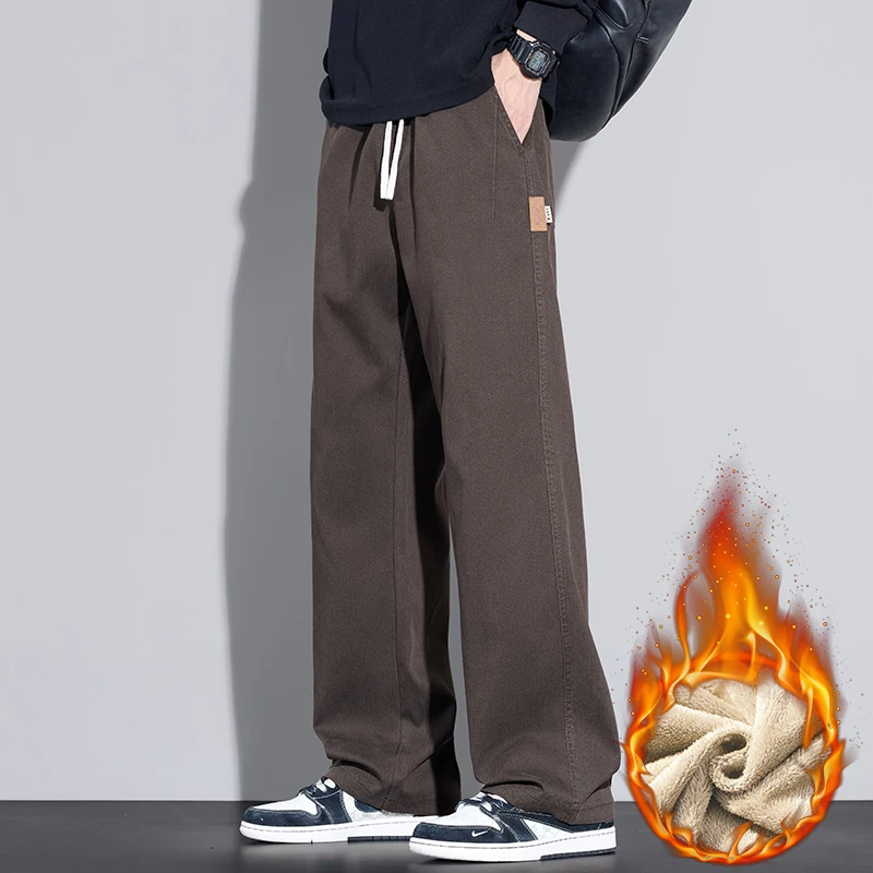 Celana Fleece Pria Musim Dingin Model Lurus Kasual Tebal Berbahan Beludru Hangat dengan Tali Serut Celana Panjang Lebar Merek Pria