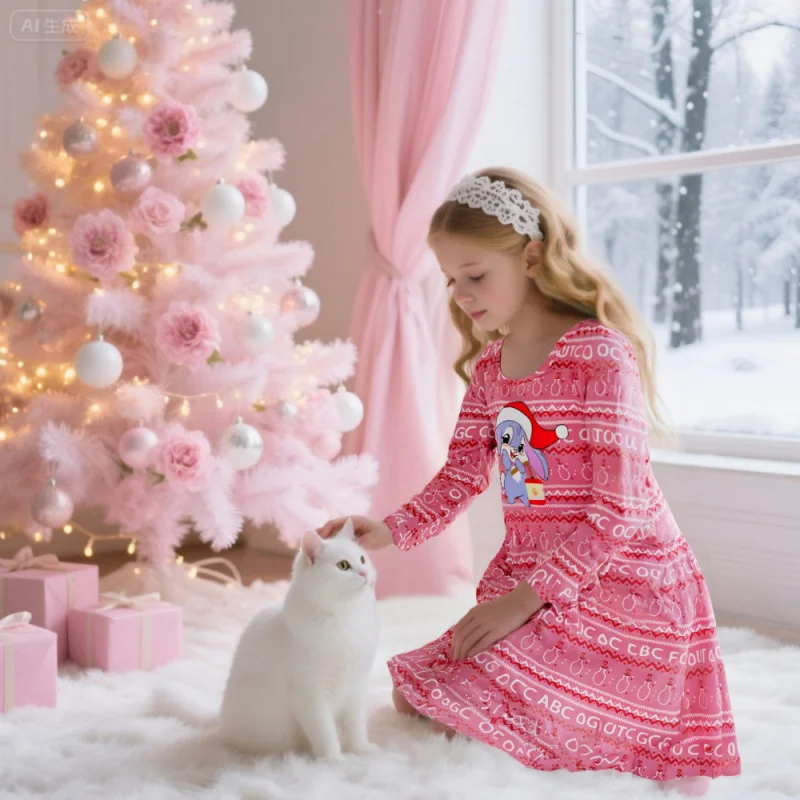 

Girls Long Sleeve Christmas Dress Cute Bunny Print Pink Holiday Party Outfit Kids Xmas Festival Dress