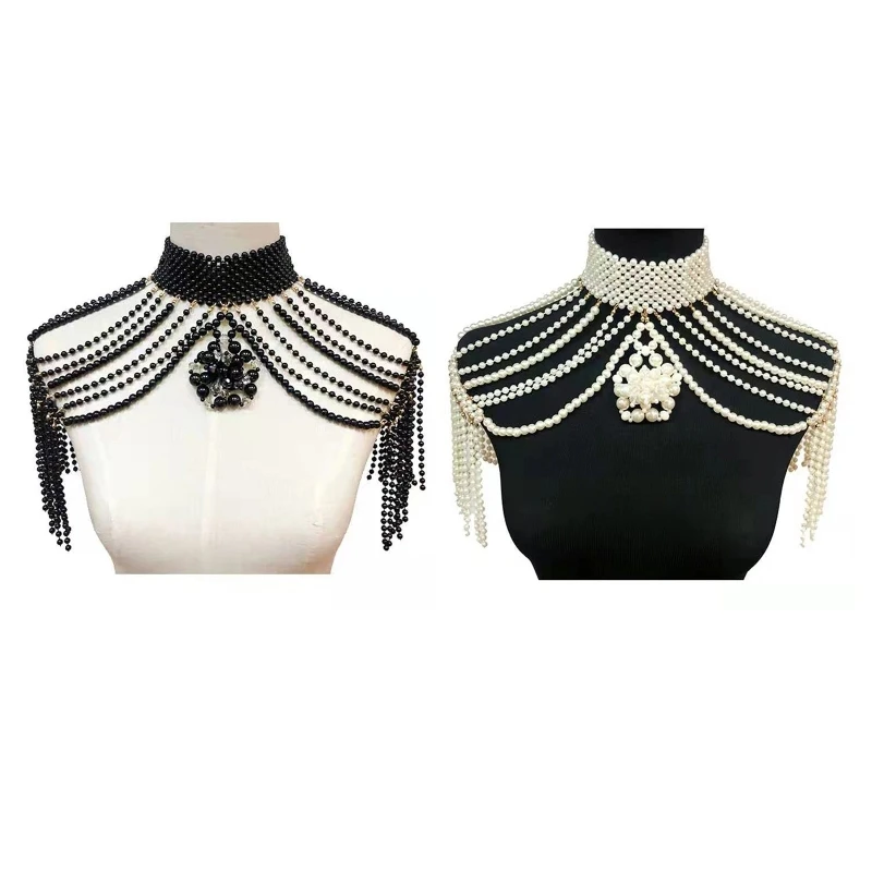 Women Woven Imitation Pearl Beads Necklace High Collar Body Jewelry Bib Pendant Shoulder Chain Wedding Party Shawl Wrap