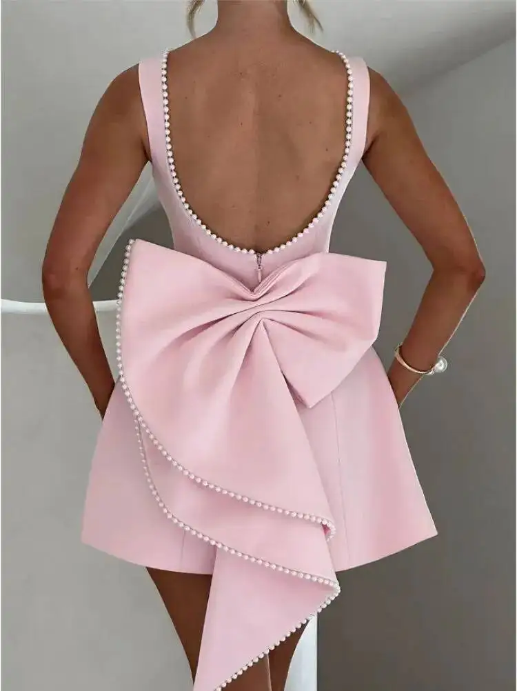 Elegant Pearl Bow Backless Sexy Mini Dress Women's Party Short Dresses White Black Pink Birthday Evening Wedding Summer