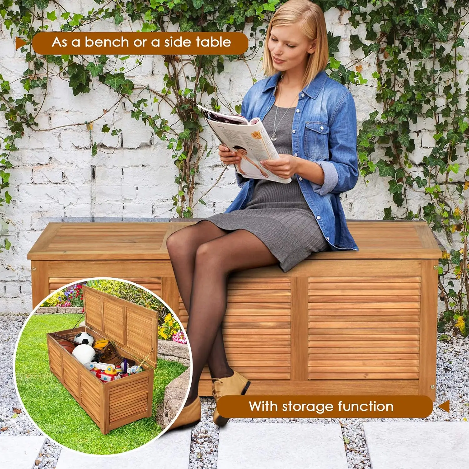 Acacia Wood Deck Box, Large Patio Storage Bench for Outside Furniture Cushions, Weather Resistant Garden Storage Container Box, Heavy Duty Backyard Seating Organizer, Natural Color view 4