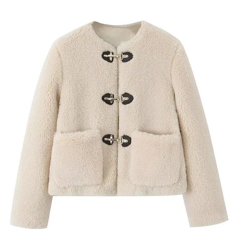 

Spring Bule Decorated Fce Jaet New Autumn Women's Faionable round Ne Button Long Sve ort Straight Cut Coat