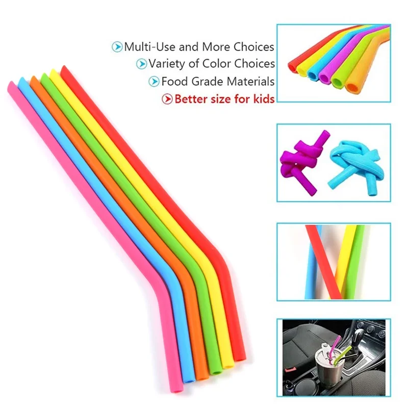 6Pcs Reusable Silicone Drinking Straws Set, Long Flexible Straws with Cleaning Brushes for 20 oz Tumbler Bar Party Straws