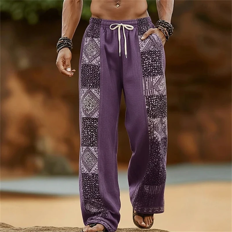 Men's 3D Geometric Color-Block Ethnic-Style Wide-Leg Pants Bohemian Retro Casual Pants with Drawstring Spring Fall Style
