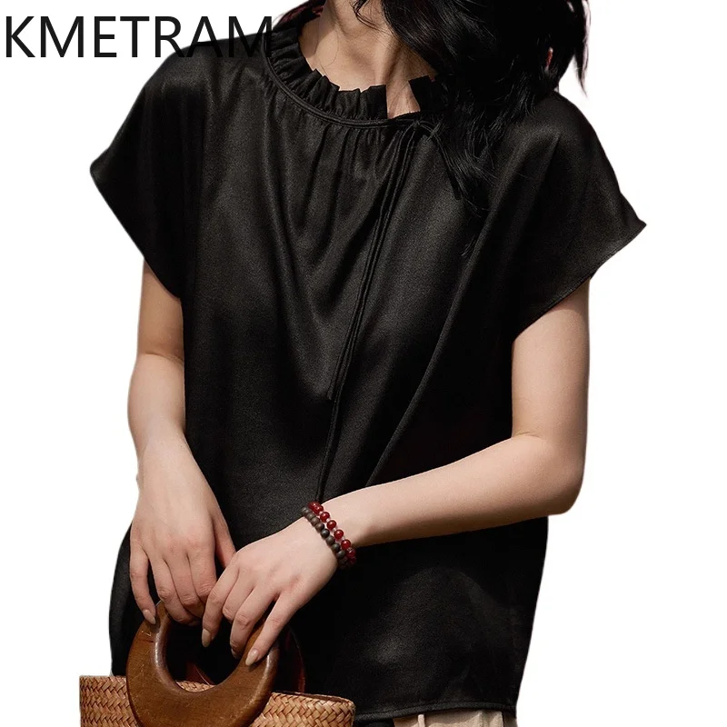 

KMETRAM 89.2% Natural Mulberry Silk Shirt Women Xiangyun Sha T Shirt Ruffle Collar Summer Tops for Woman Clothing 2026 рубашка