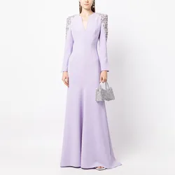 Crystal Evening Dresses Lavender Long Sleeves Mermaid Women's Evening Gowns Long V Neck Trumpet Elegant Wedding Party Dress 2024