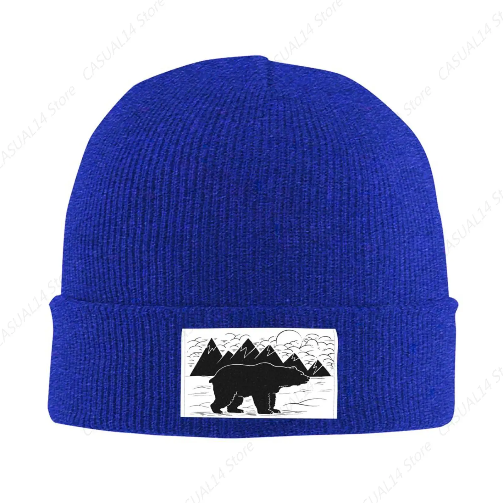 Minimalist Black Bear Strolling in The Background Mountains Beanie Hat for Men Women Winter Warm Knit Cuffed Skull Cap