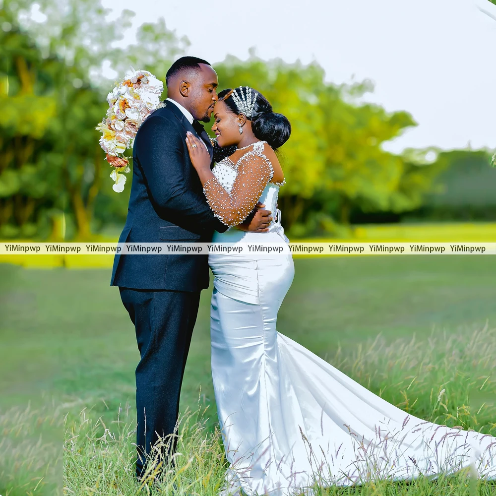 Luxe Witte Kralen Parels Zeemeermin O-hals Trouwjurken Voor Zwarte Meisjes 2025, Lange Mouwen Afrikaanse Satijnen Bruidsjurken Aangepast