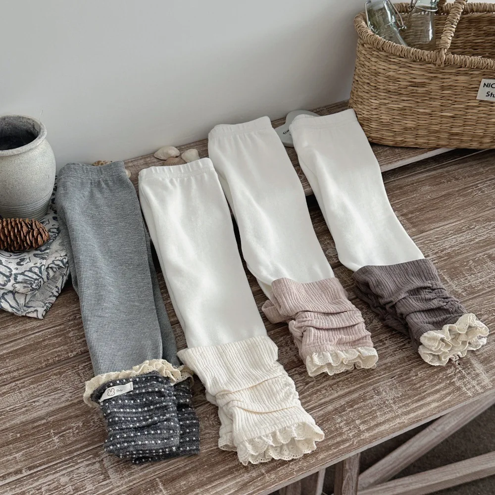 Autumn Lace Ruffle Girls Knit Tights Solid Spliced Cotoon Kids Girls Leggings Soft Breathable Children Trousers