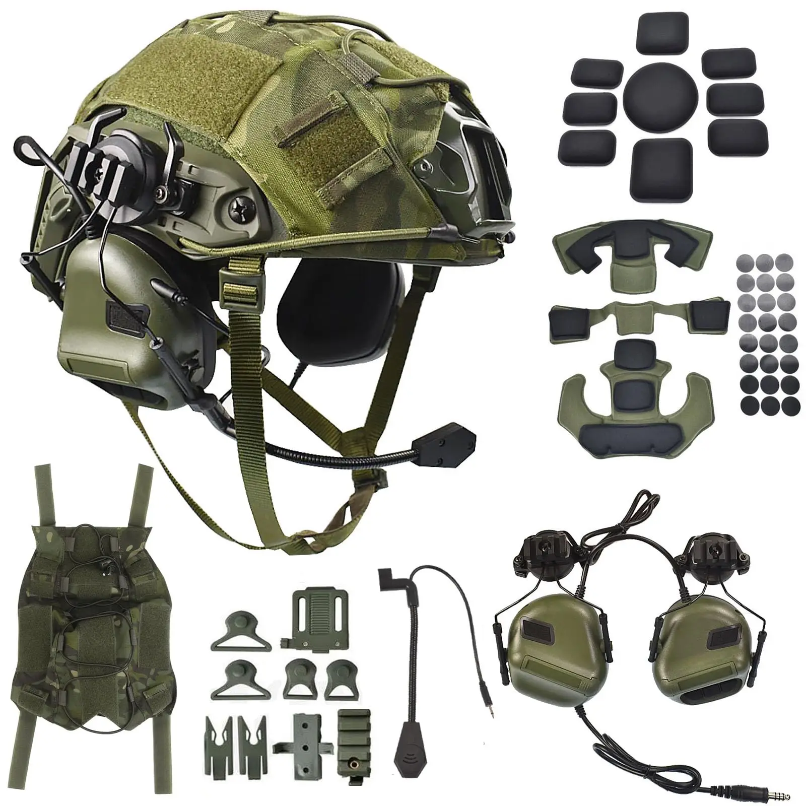 Airsoft Helmet Set Tactical Paintball Helmet with Communication Headset & Helmet Cover Adjustable Size for Adult and Teenager