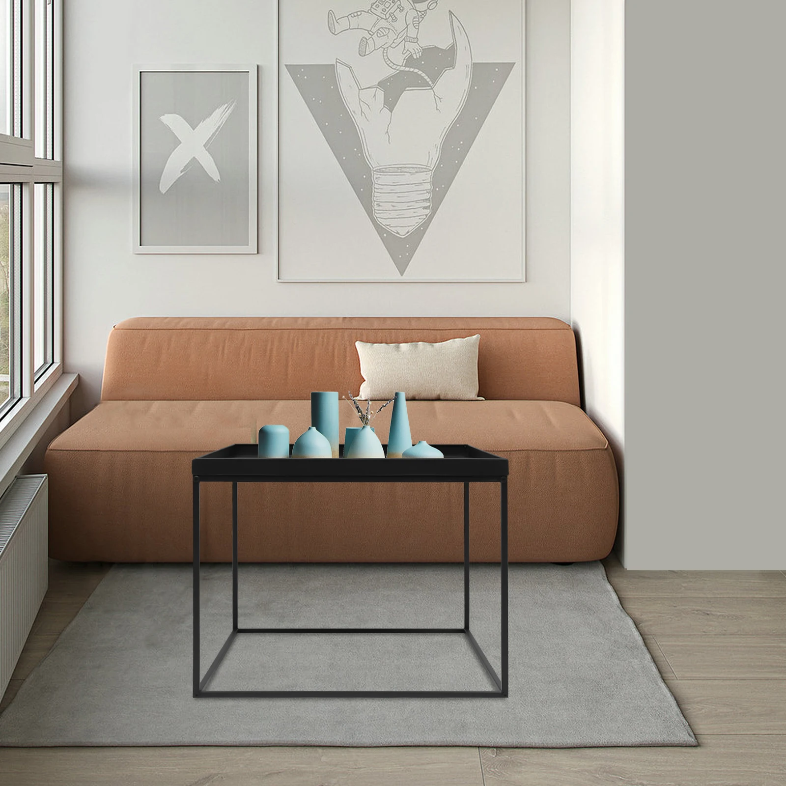 โต๊ะท้าย, โต๊ะข้างโลหะกันน้ําโซฟาขนาดเล็กโต๊ะข้างกาแฟห้องนอนในร่มกลางแจ้งพร้อมถาดถอดได้ (สีดํา)