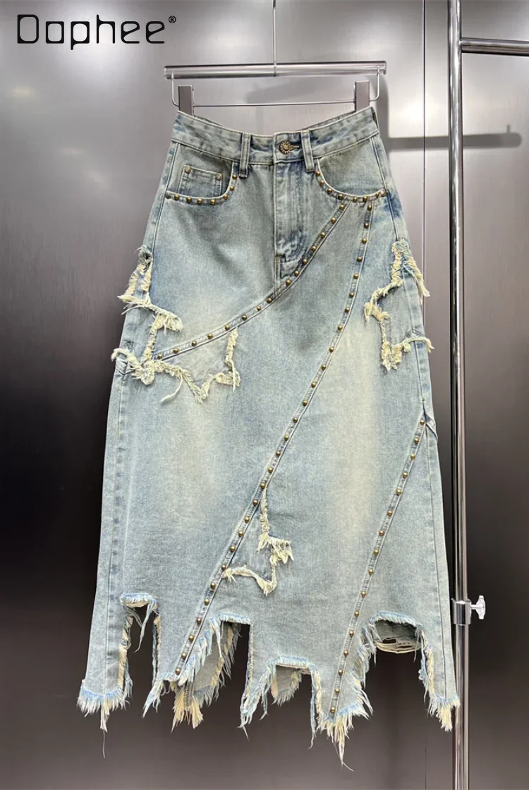 2024 Summer New Raw Edge Rivet Denim Long Skirt Star High Waist A Line Hip Wrap Midi Skirt Irregular Hem Y2k Washed Blue