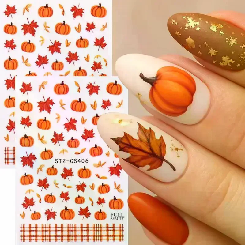 /Kuz/1 Sheet Fall Leaf Plaid Line Adhesive Sliders Cute Pumpkin Nail Stickers Decals Autumn Thanksgiving Nail Design Accessorie