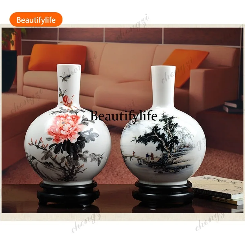 03 Heavenly Ball Porcelain Vase Hand-painted Ceramic Vase Ornament Flower Arrangement Chinese Living Room Bogu Rack Ornament