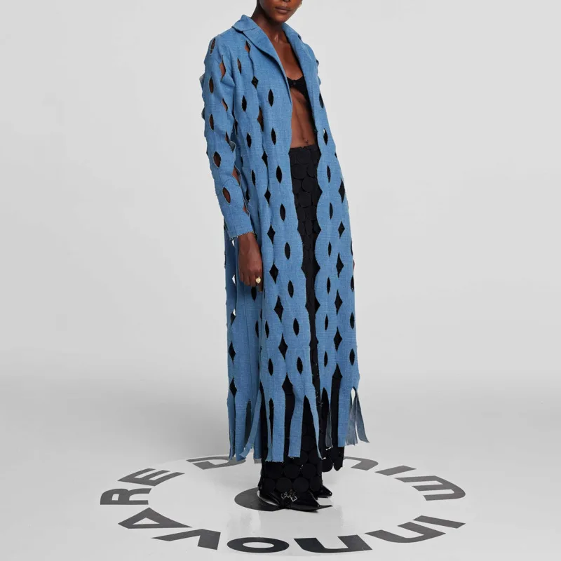 Kwtx feminino longo denim trench coat leve recorte franja minimalista elegante designer de luxo primavera verão 2025 outwear