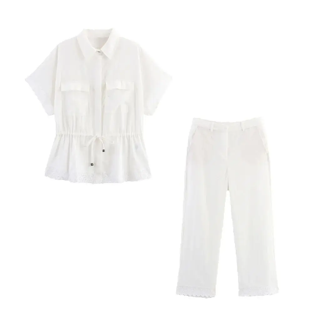 

Европейская и американская осенняя новая женская кружевная рубашка Ramie с коротким рукавом и воротником, брюки со средней талией