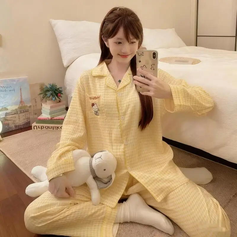 

Женские пижамы Kawaii Anime Hello Kitty Sanrios Pochacco, милый стиль, комплекты брюк с длинными рукавами и героями мультфильмов, женская домашняя одежда