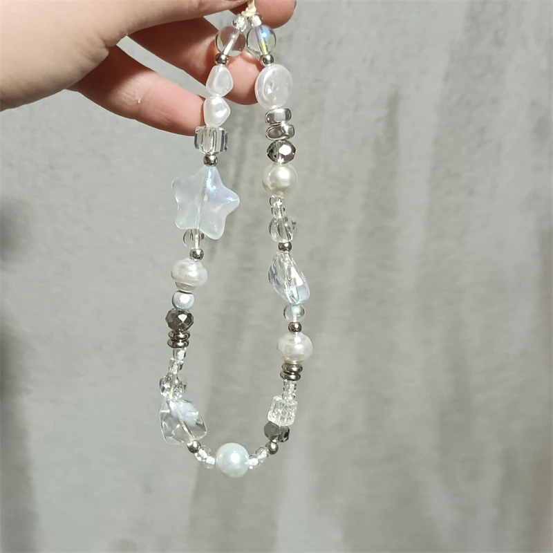 Korean Cute White Star Clear Bead Bead Beaded Phone Chain Charm Lanyard For iPhone Samsung Universal Accessories Jewelry Pendant