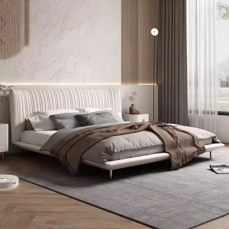 French shell suspended leather Italian minimalist master bedroom double1.8m high-end soft bag first layer cowhide bed