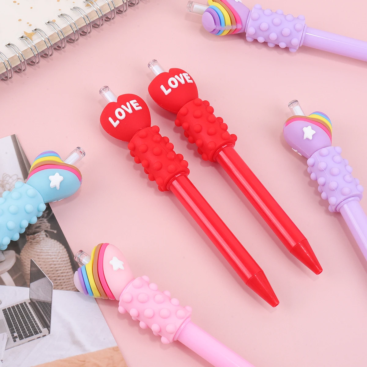 

1PC Colorful Heart Click Ballpoint Pen Silicone Grip Stress-Relief Handle Cute Gift Student Stationery Study and Office Supplies