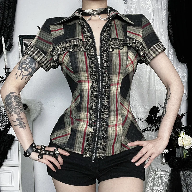 

Y2K Goth 90-х годов гранж клетчатые рубашки с короткими рукавами кибермодные блузки на молнии с оборками женские готические рубашки с повязкой на спине уличная одежда