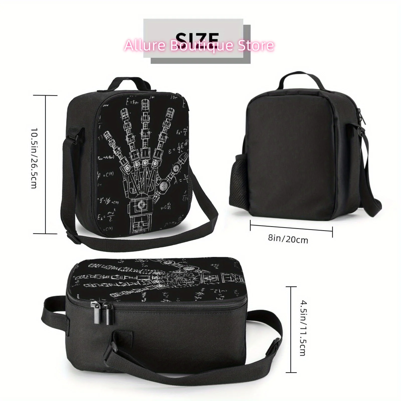 1pc Black Insulated Lunch Bag with Robot Drawing & Math Equations - Reusable Bento Tote, Non-Food Contact, Durable Polyester, Pe