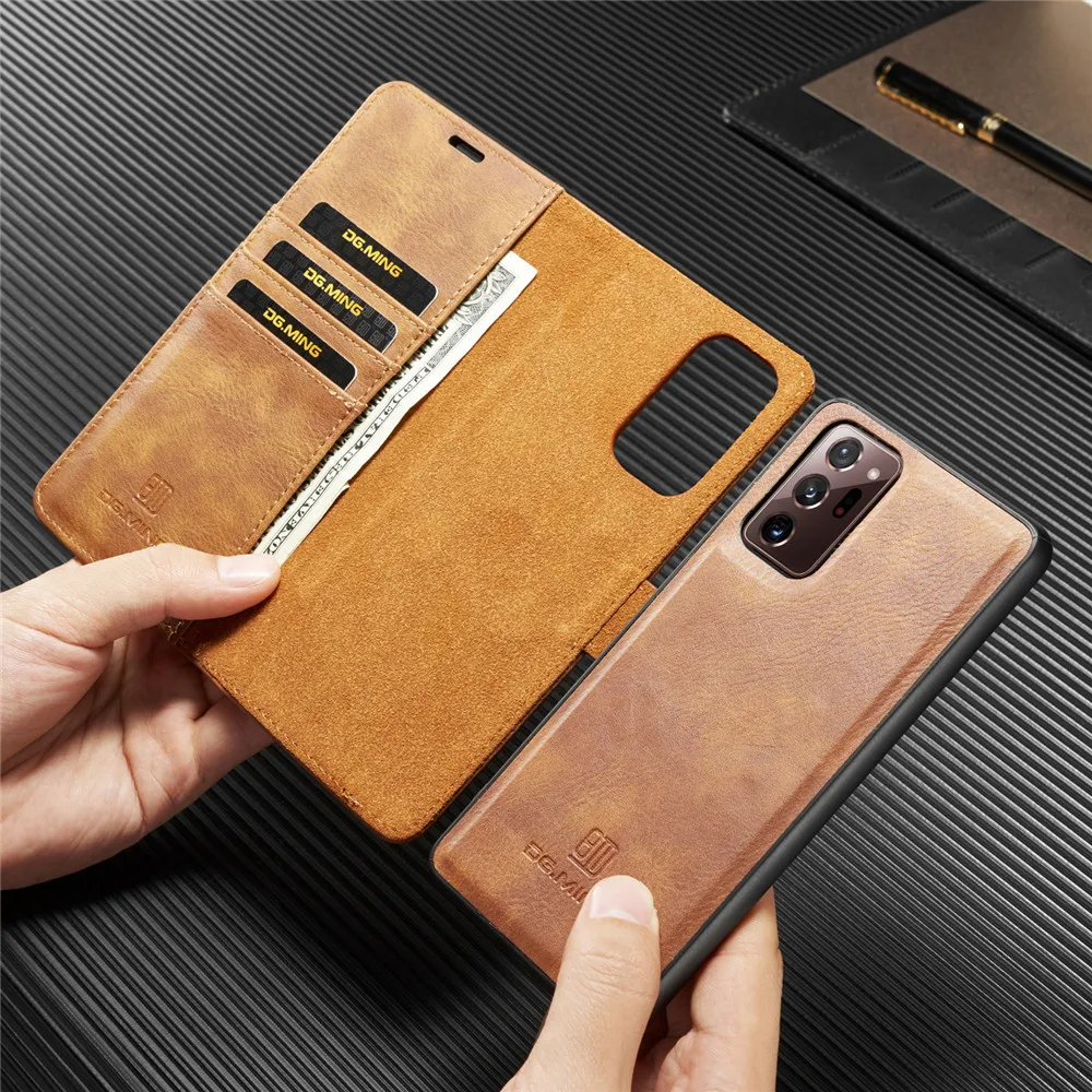 DG.Ming Cowhide Leather Bifold Wallet Case For Samsung Galaxy Note 20 Ultra/S20 FE/S20 Lite Detachable Card Pockets Stand Cover