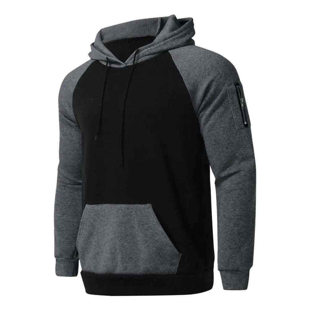 

Men Soft Hoodie Men's Plush Colorblock Hoodie Warm Winter Sweatshirt with Zipper Decor Big Patch Pocket for Casual Sports Men