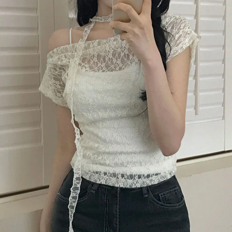 

New Lace Up Off Shoulder Short Top with Slim Fit and Hollowed Out Short Sleeves, One Shoulder T-shirt