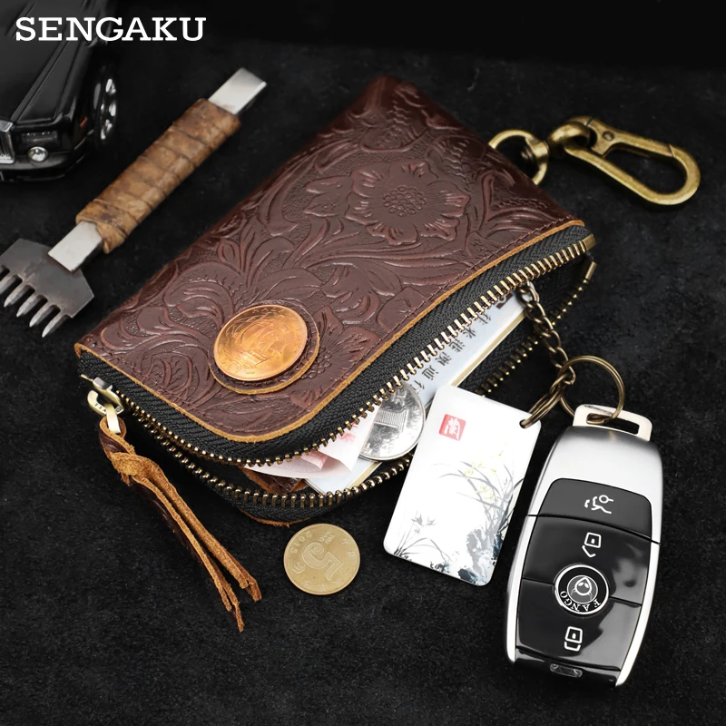 Real Leather Key Wallet for Men Vintage Genuine Leather Car Key Holder Zipper Coin Purse Card Slot Bag Keyring Keychain Purse