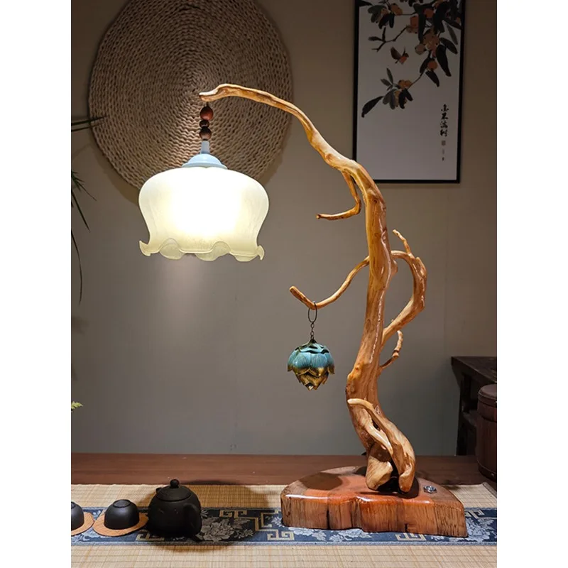 Natural Shaped New Chinese Zen Table Lamp Living Room Tea Table Tea Room Calligraphy Dead Wood Lamp Rhododendron Root Carving Ho