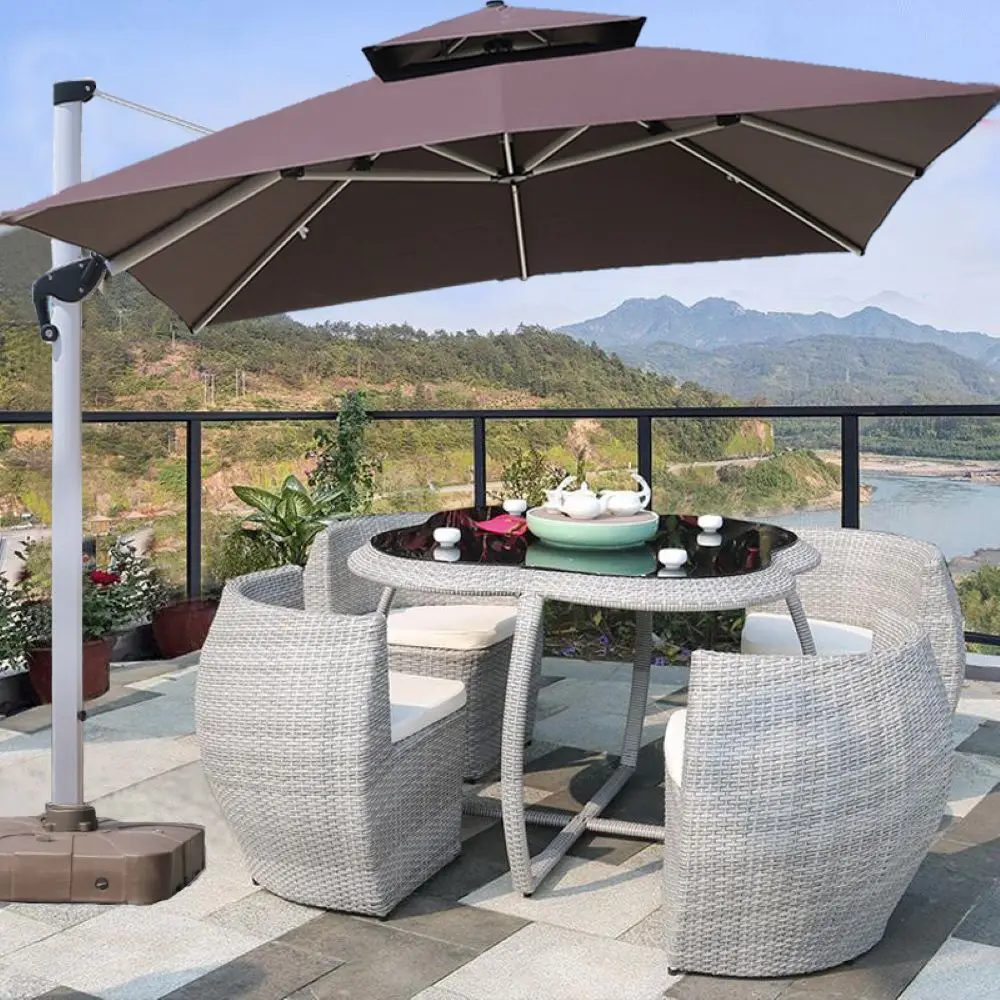 Outdoor leisure rattan woven table and chair combination waterproof sunscreen wrought iron rock plate dining table combination