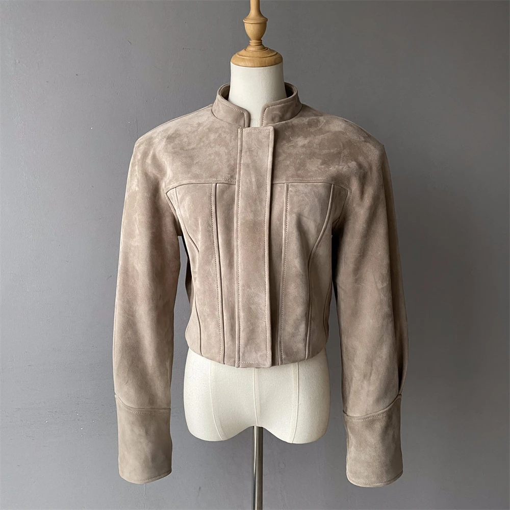 Luxyonuo Giacca invernale da donna in vera pelle scamosciata Autunno Bomber in vera pelle scamosciata di capra Cappotto in pelle oversize Nuovo arrivo