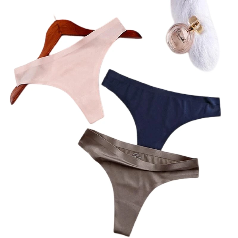 Solid Color Ice Silk Women's Low-Waisted T-Pants Thin Quick-Drying Seamless G-String Lingerie Invisible Thong for Girls