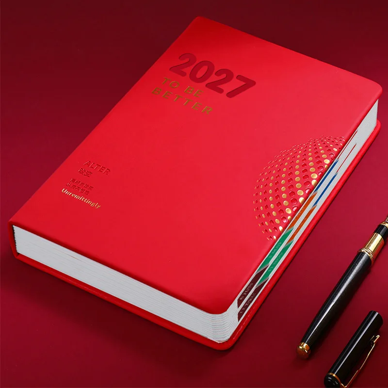 2027 A5 Daily Planner Set with Faux Leather Cover, 408 Page Dated Diary Notebook, Gift Box Set with Pen and Ribbon Bookmarks
