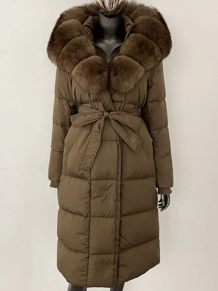Longue à capuche doudoune femmes nouveau hiver chaud blanc doudoune d'oie femmes réel manteau de fourrure de renard femme manteau de fourrure naturelle