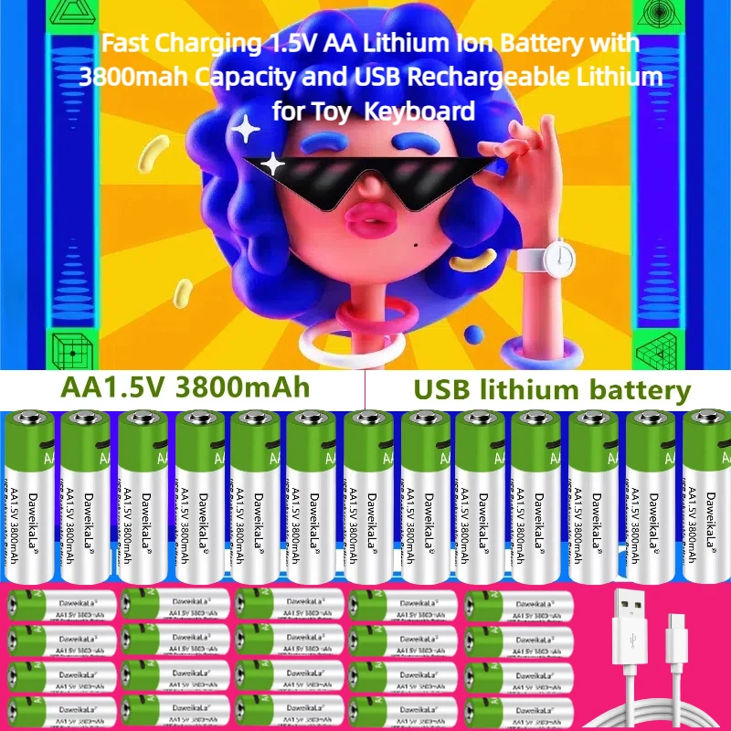 

Fast Charging 1.5V AA Lithium Ion Battery with 3800mah Capacity and USB Rechargeable Lithium for Toy Keyboard