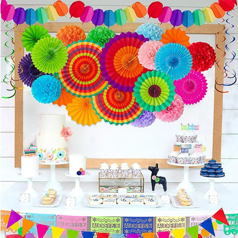 

33 шт., красочные подвесные завитки, бумажные вееры, помпоны из ткани, бумажные воздушные шары, мексиканская фиеста, вечерние украшения для тако, поставки
