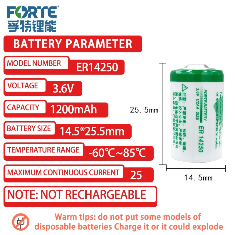 Genuine Forte ER14250 3.6V 1/2AA Primary Lithium Battery For PLC Servo Sbsolute Value Encoder Temperature Controller Probe